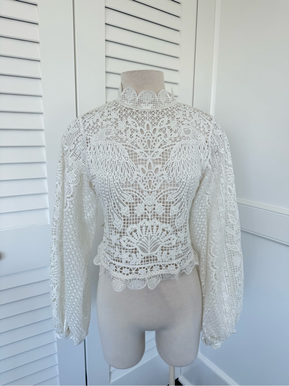 FARM Rio Ivory Crochet Lace High-Neck Blouse